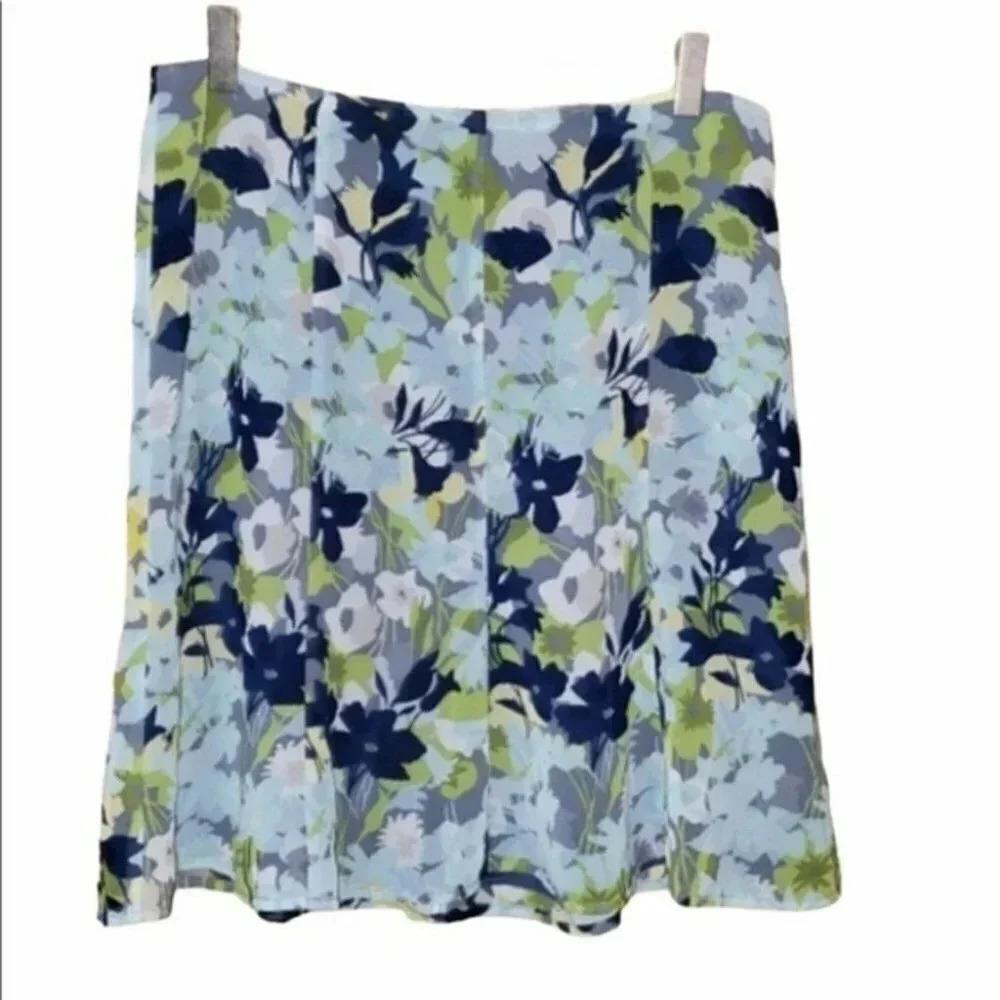 Old Navy Floral A-Line Skirt 4 Blue Green Chiffon Knee Length Back Zip‎ Lined